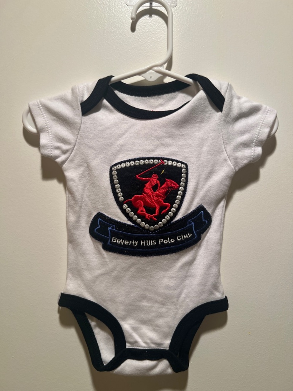 Beverly Hills Polo Club White & Navy Baby Bodysuit with Red Crest